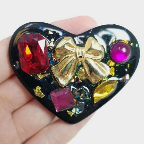 Vintage Retro 80s Heart Shape Brooch, Colorful Rhinestone Bow Lapel Pin - Picture 1 of 6